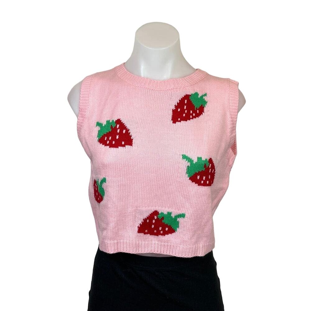 Shein Women Pink Strawberry Print Knit Crew Neck Crop Sleeveless Vest Sweater S